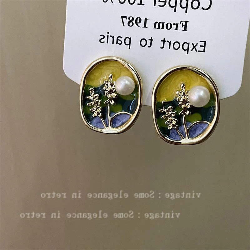 铜合金锆石耳饰 莫奈花园油画风耳环耳钉女小众高级感复古气质花