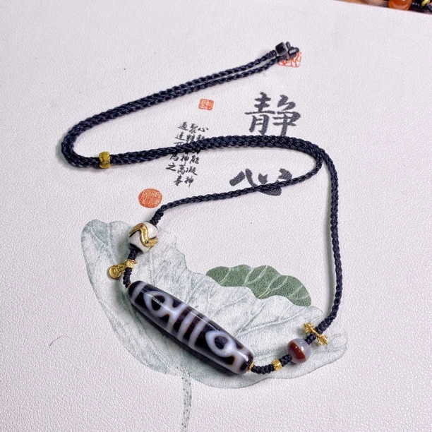 玛瑙黑白菩提四眼锁骨链简约设计个性气质项链手工编绳民族风颈饰