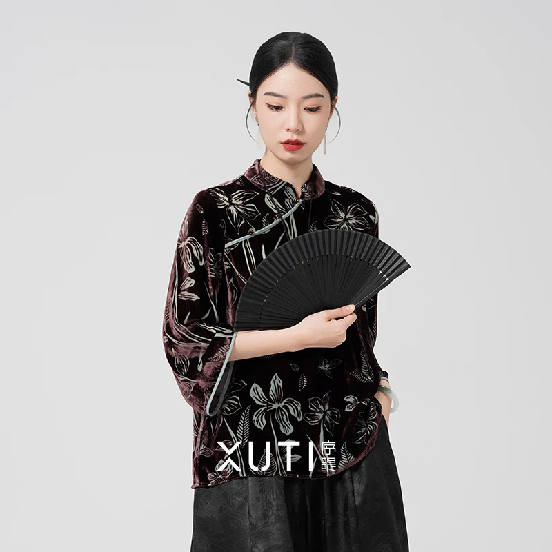 『玉玲珑』新款秋季复古国风新中式女装真丝丝绒上衣H49-3033