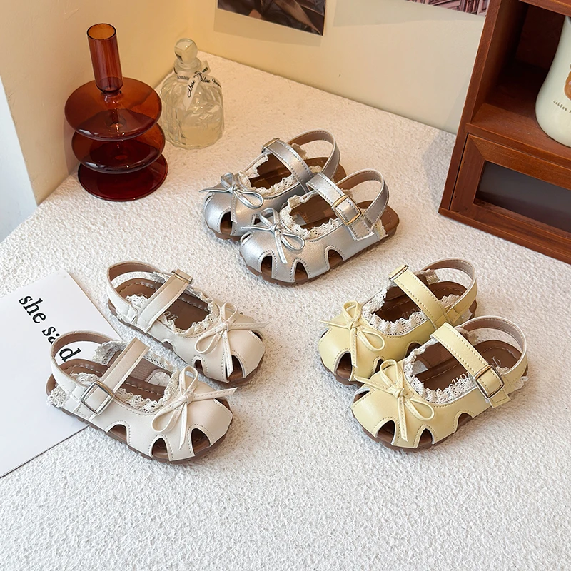 女童凉鞋夏季魔术贴防滑公主风防踢学步鞋小童时尚蝴蝶结花边单鞋