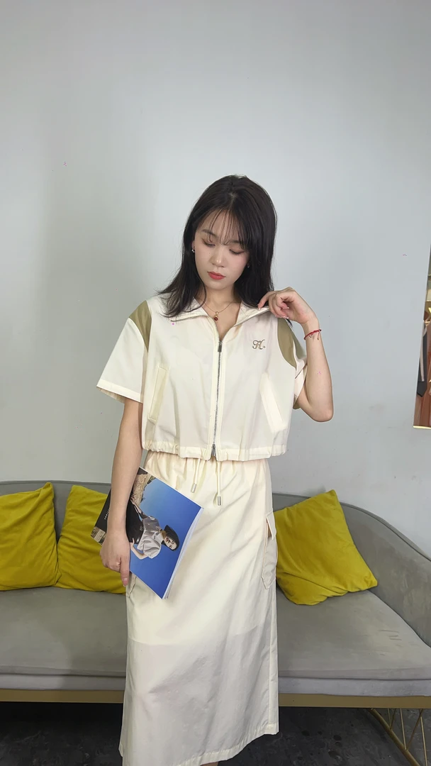 5T439新款翻领拉链撞色拼接短袖+松紧腰绑绳半身裙两件套套装