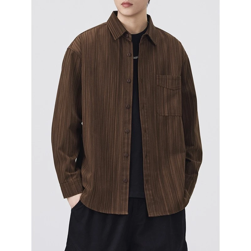 DeweLvum新款复古竹节提花休闲长袖衬衫男宽松休闲百搭翻领衬衣男