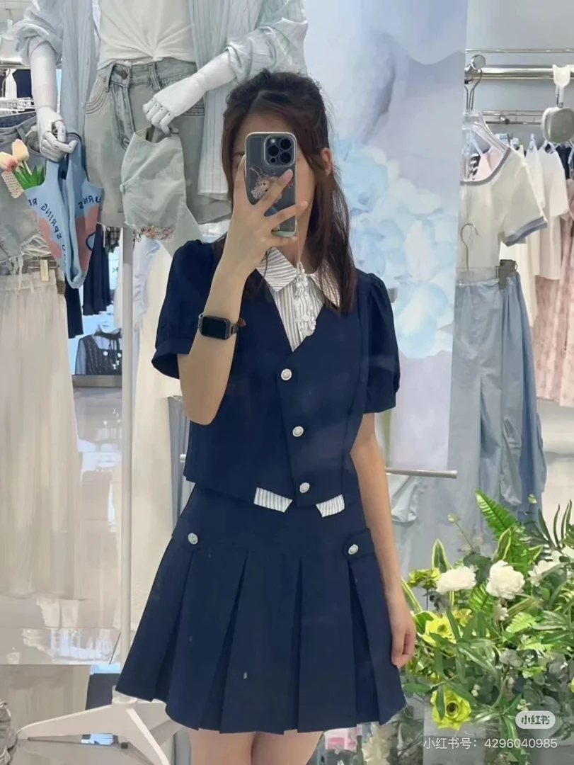 时尚夏季新款美式学院风减龄通勤百搭上下套裙