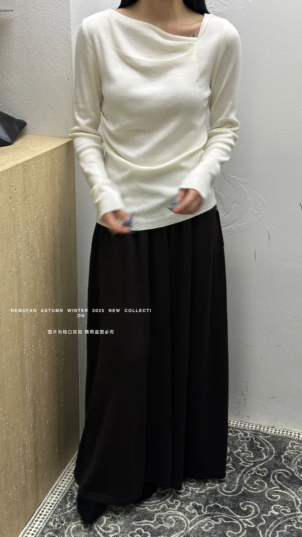 赫木梵羊毛极简斜领口褶皱显瘦针织上衣 Y811（福福）