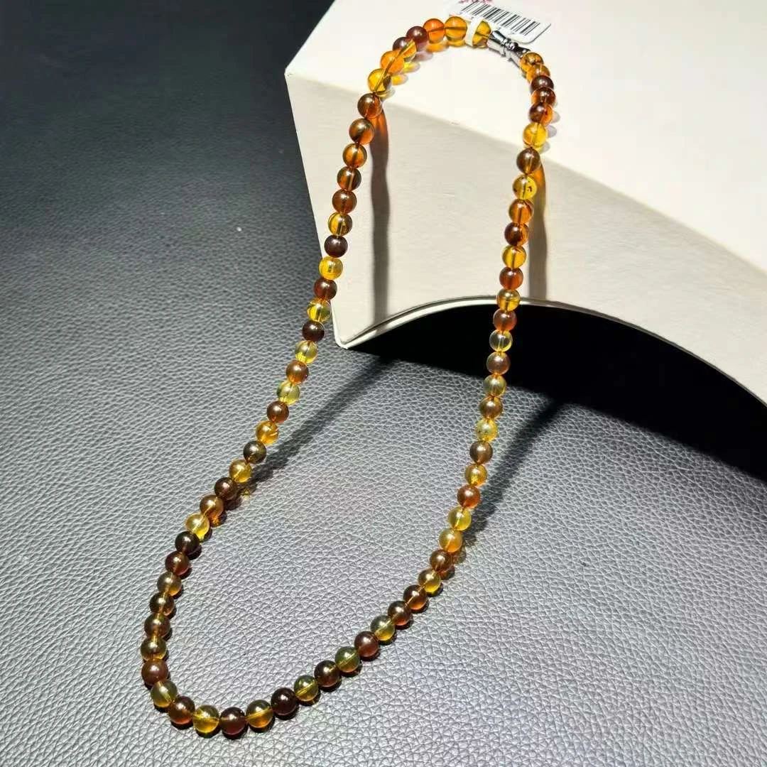 天然缅甸琥珀七彩琉璃茶项链7mm