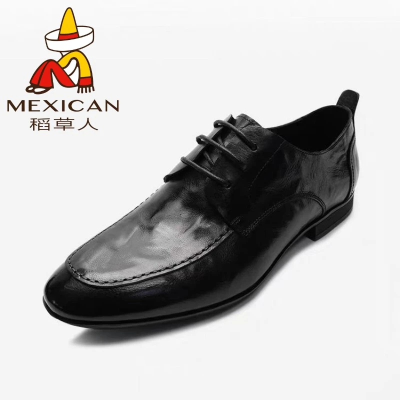 稻草人秋季男款豆豆鞋真皮黑色系带皮鞋正装皮鞋男士商务休闲皮鞋