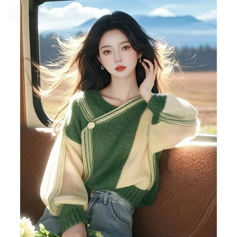 韩系绿色拼接斜领上衣女2025春季新款高级感洋气小众不撞款上衣女