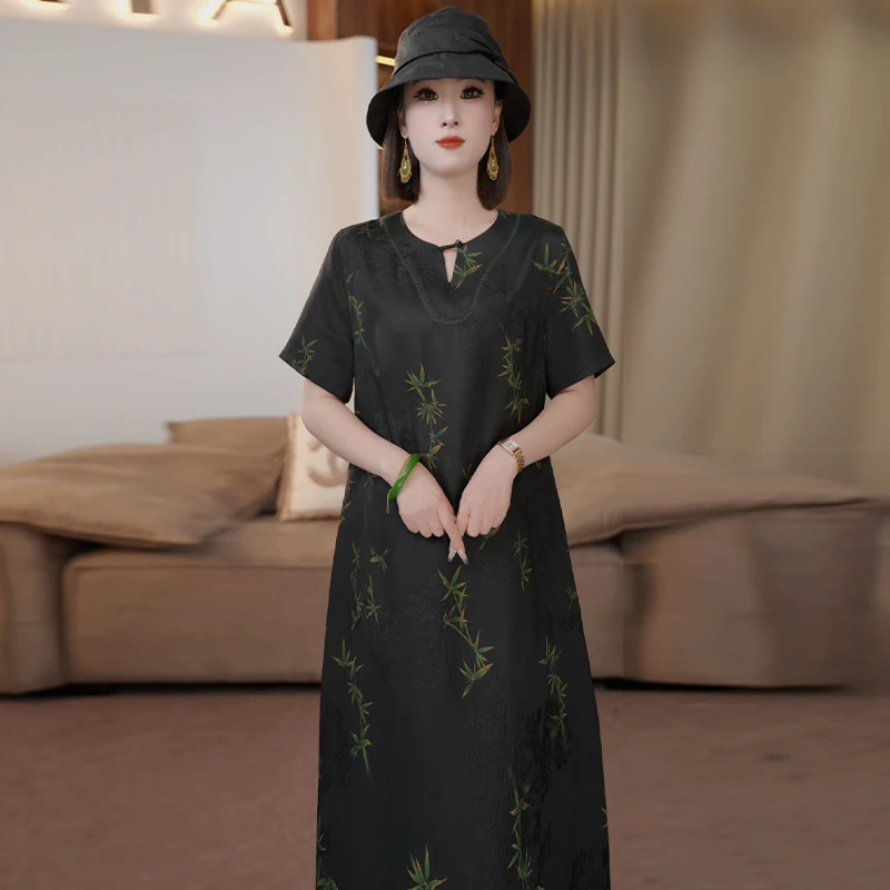 2025夏季时尚浪漫大牌杭州真丝连衣裙女气质妈妈桑蚕丝裙子