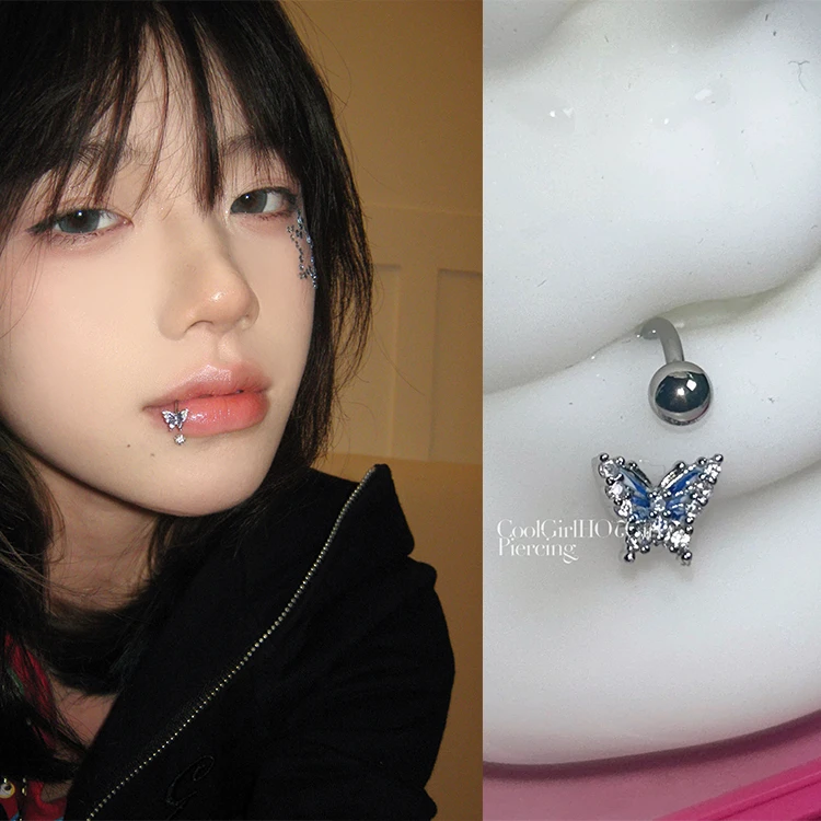 钛钢耳饰 蓝色渐变蝴蝶唇环钢钛c环马蹄环闪ins唇钉穿刺小众饰品