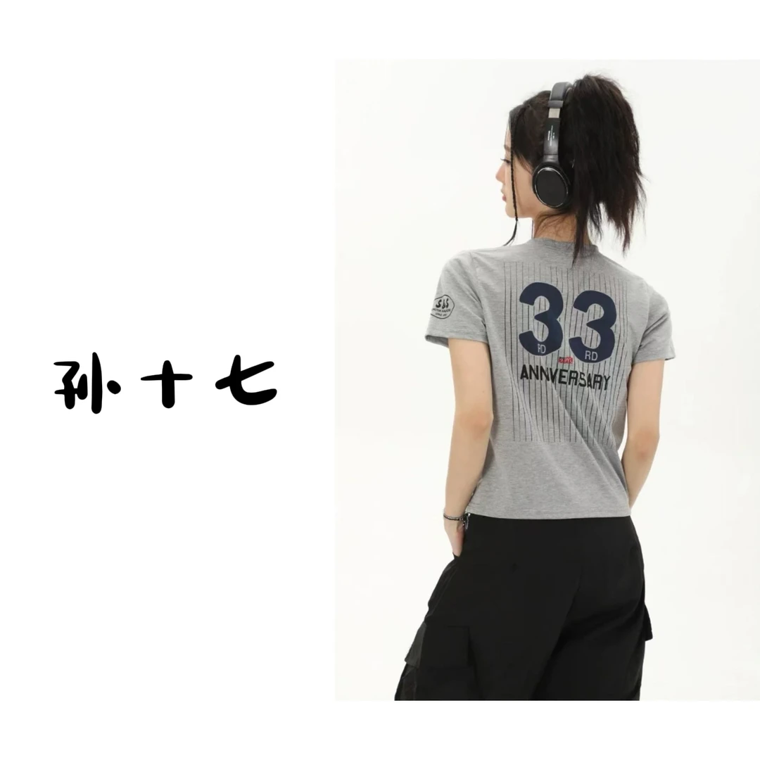 【美式高校】美式复古正肩短袖t恤女夏季设计感短袖上衣