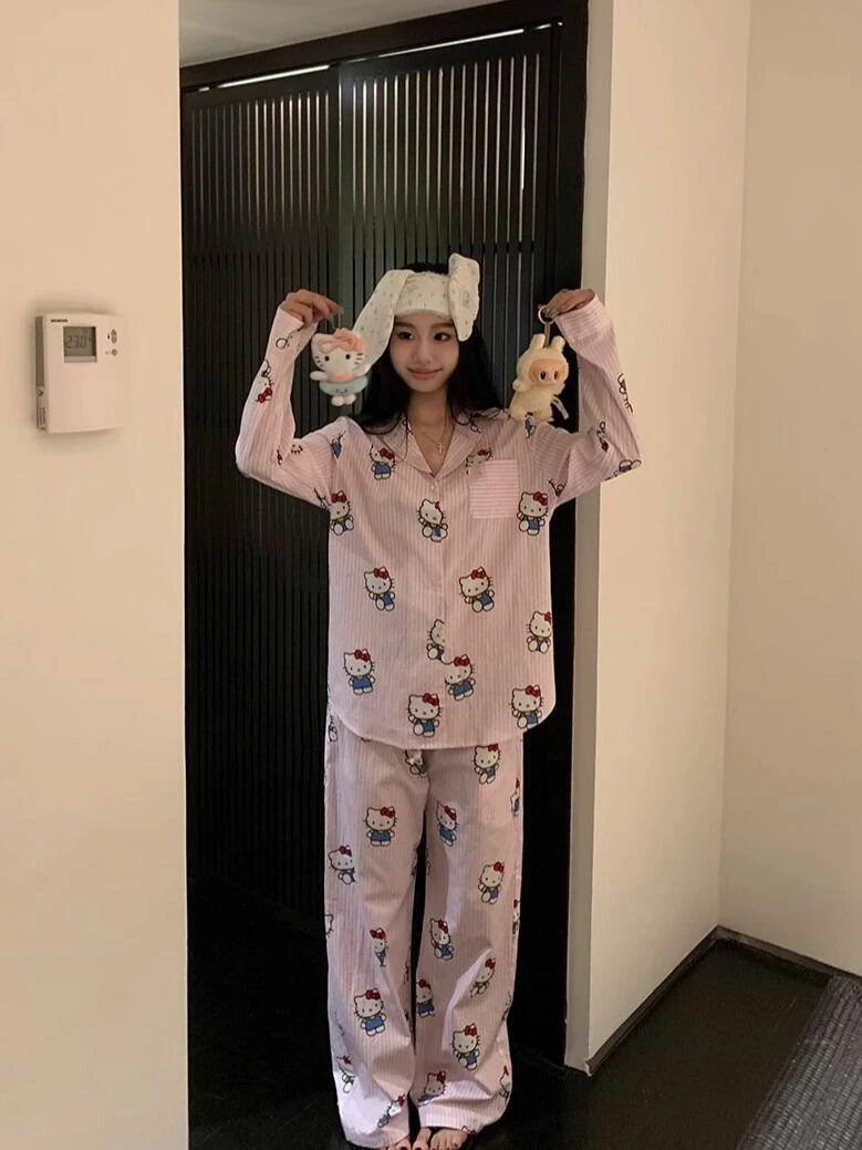 早秋粉色甜美卡通Kitty条纹睡衣女春秋新款长袖长裤居家服套装
