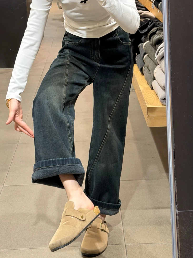 青石灰窄版复古直筒牛仔裤女秋冬加绒加厚大码胖mm宽松显瘦阔腿裤