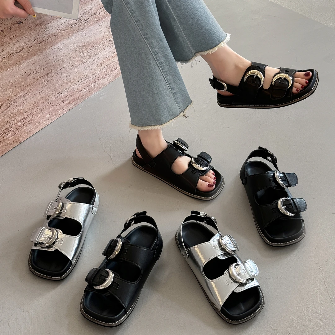 贾不假凉鞋女款2025新款夏季潮流复古百搭配裙子平底休闲罗马鞋子