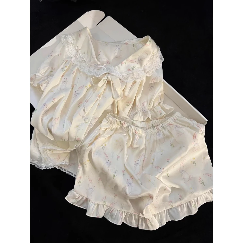 【纯欲风】少女花边冰丝卡通印花睡衣女夏季新款家居服短袖短裤套装