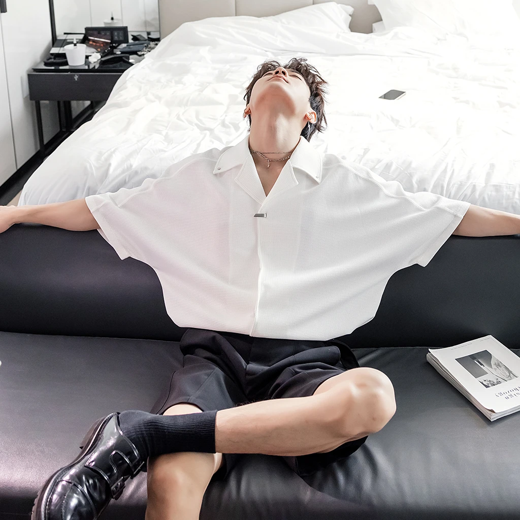 CHICERRO西西里男装夏季轻奢纯色蝙蝠袖古巴领男士衬衫男高级百搭