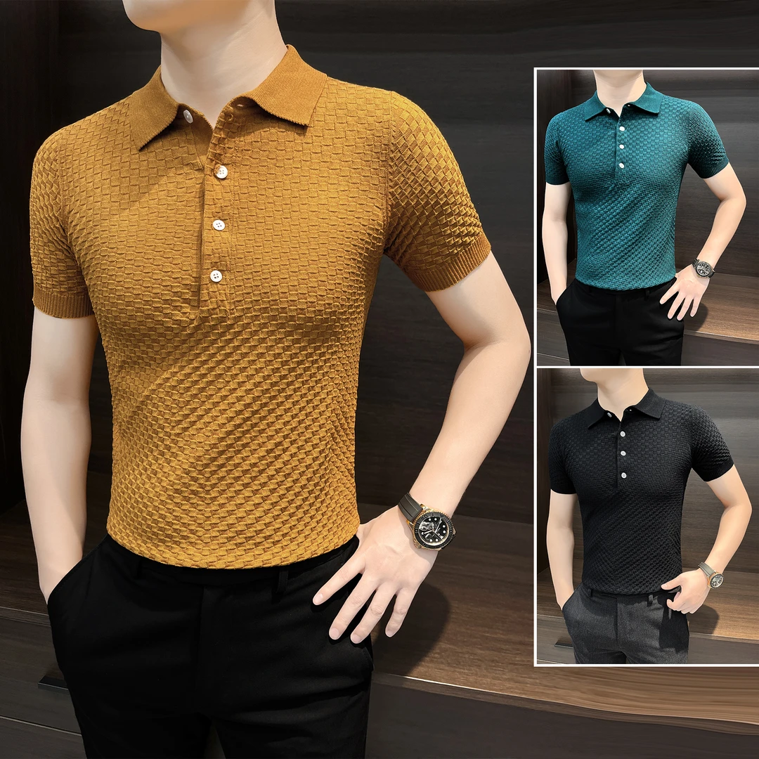 针织格子男士Polo衫秋季男款爆款2025新款男装高级感商务短袖t恤