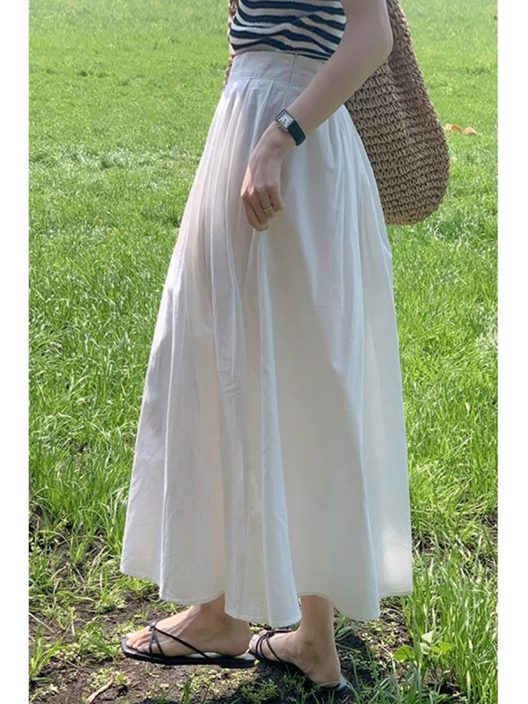 a字半身裙女夏季小个子高腰伞裙白色半裙中长款大摆遮胯裙子长裙