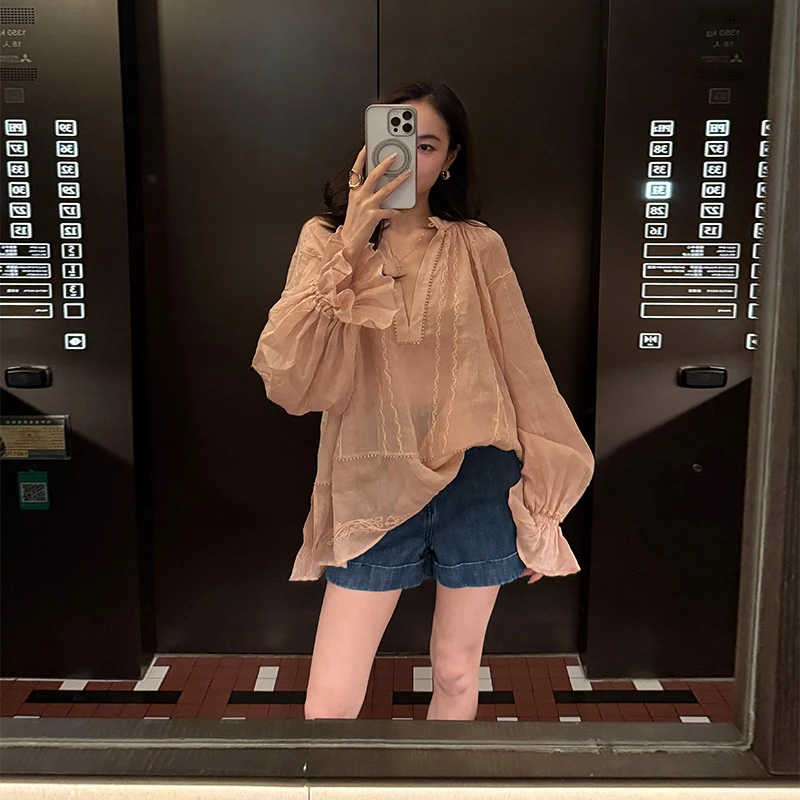 KEEP KAPU靠谱【粉雾海】進口苎麻重工刺绣时尚减龄上衣KP250483