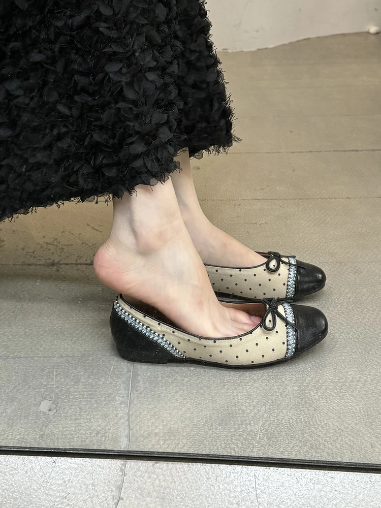 阿南儿~小香风拼色蝴蝶结芭蕾风单鞋女圆头浅口软底奶奶鞋编织鞋