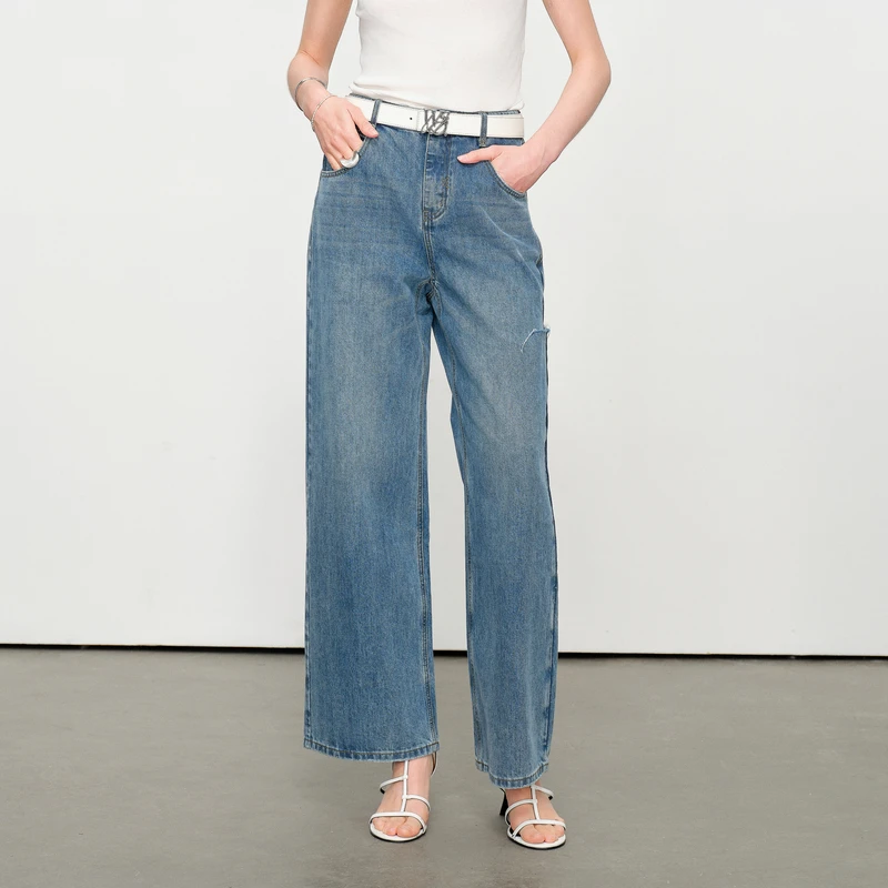 婉甸2025夏季新品古水蓝阔腿裤破洞牛仔裤1242X04SX1YX