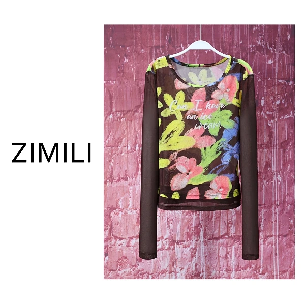 【亮哥女装】2025欧版《绚烂》深咖色印花网纱高弹网纱上衣7895-K7