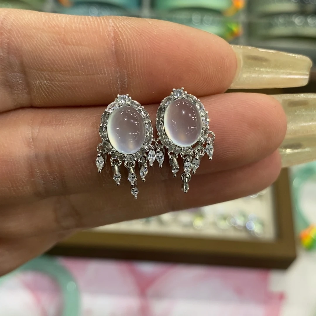 蛇纹石玉银S925镶嵌耳钉