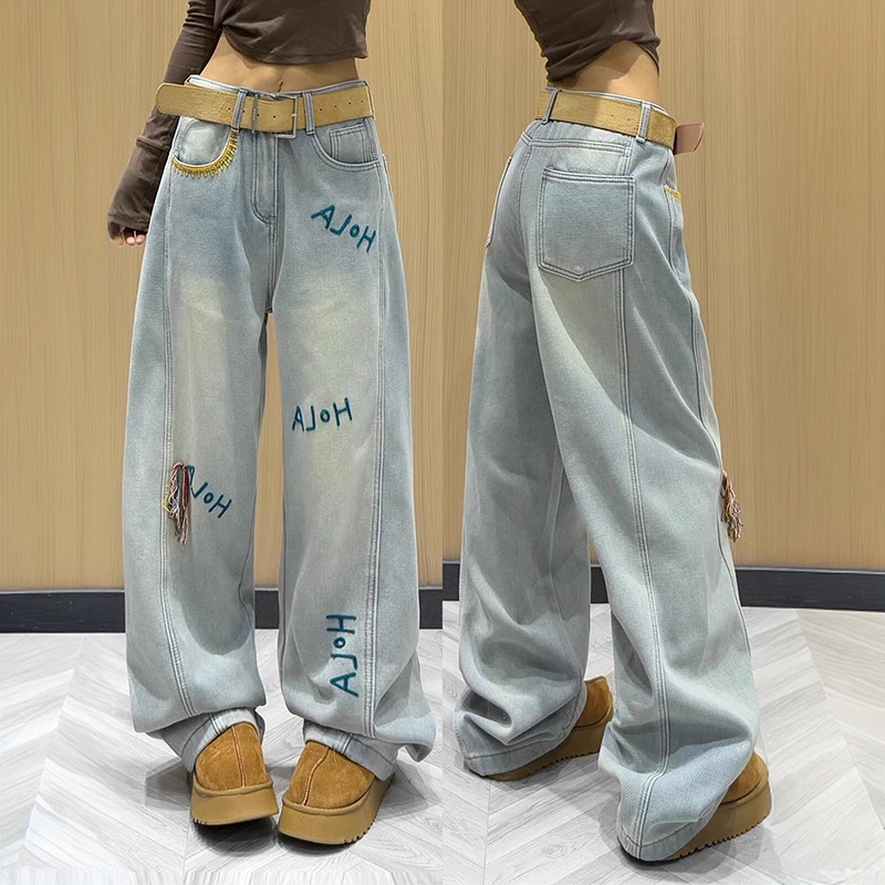 300斤大码女装美式复古字母刺绣牛仔裤女胖mm高腰显瘦直筒拖地裤
