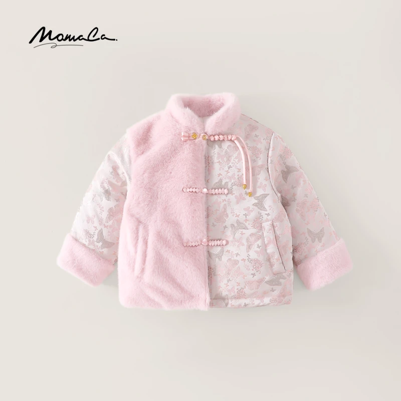 MOMOCO冬季新款女童撞色拼接国风毛毛夹棉外套演出服75830101203