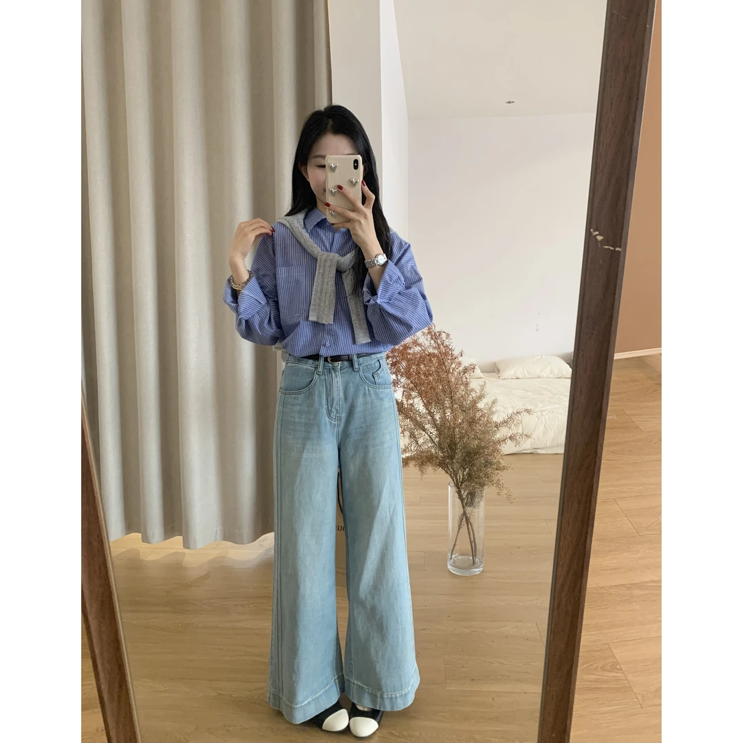 7812#韩系宽松休闲条纹设计感气质衬衫上衣