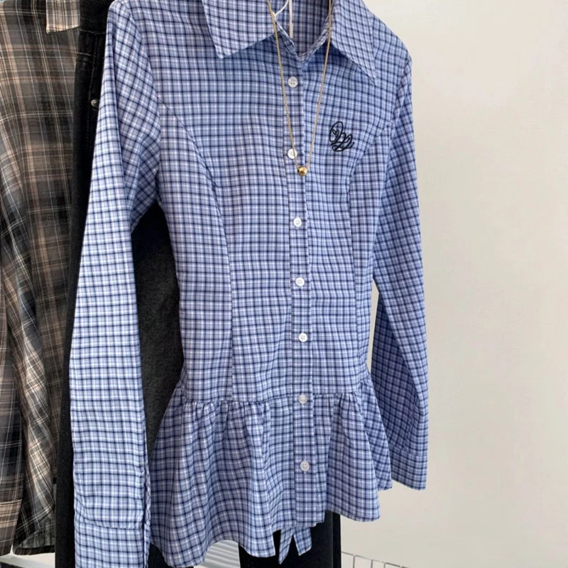 学院风蓝色格子长袖衬衫女春季2025新款修身收腰内搭衬衣打底上衣