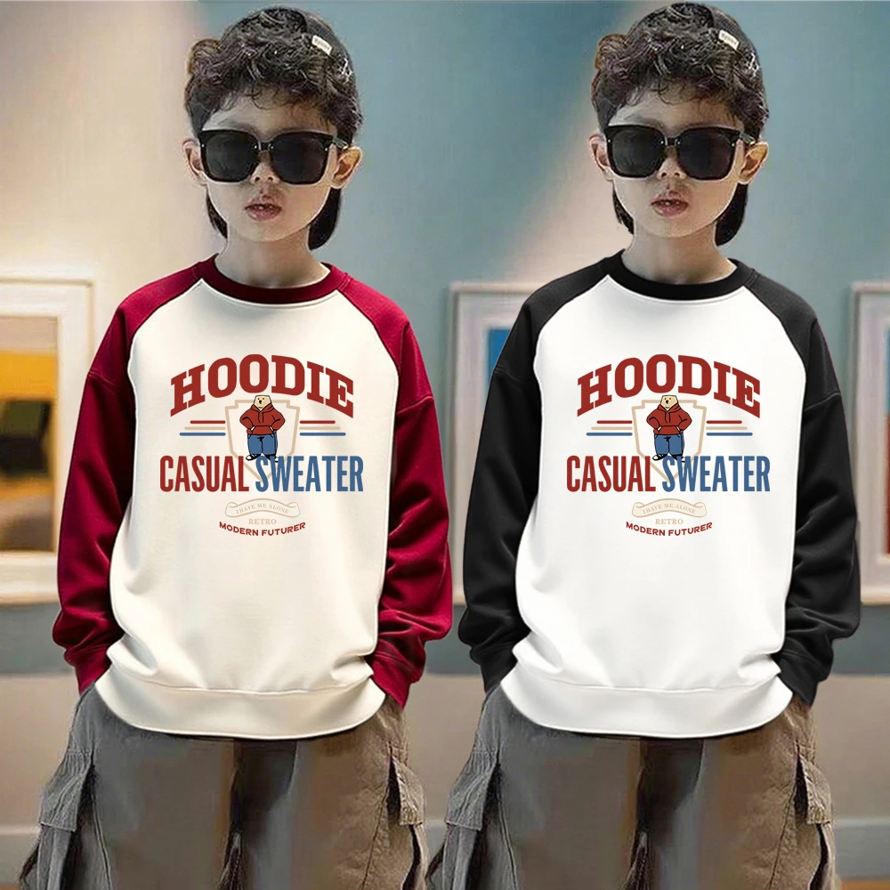 男女童宽松套头加绒加厚拼色卫衣秋冬款中大童潮酷痞帅童装上衣服