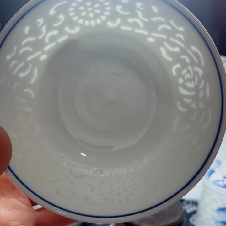 青花玲珑5寸饭碗满雕双福双线