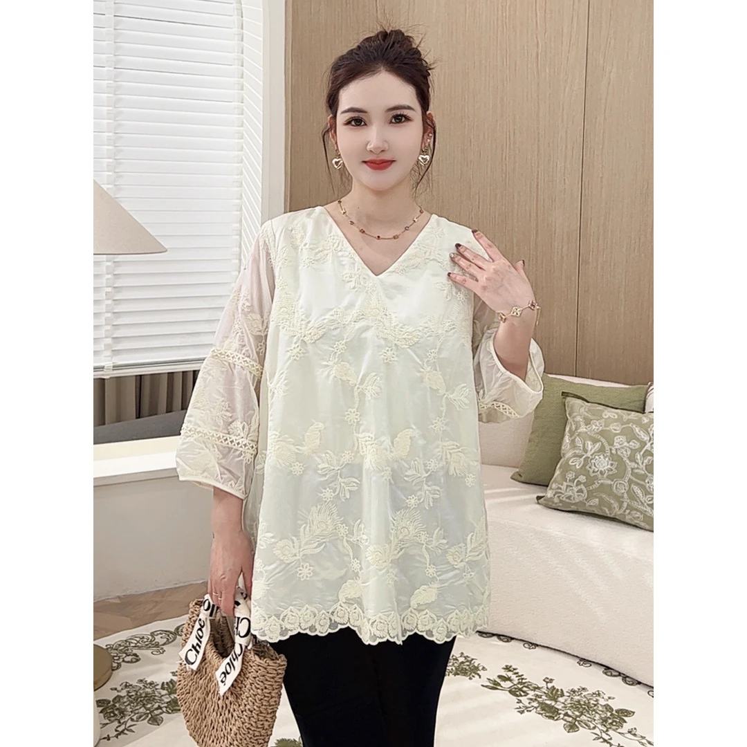 【重工刺绣衬衫】MsShe大码女装2025新款夏七分袖上衣S~E2503023