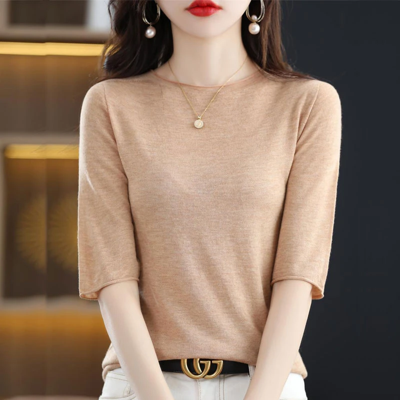 新款一线精纺针织薄款短袖气质百搭显瘦针织中袖简约修身一字领