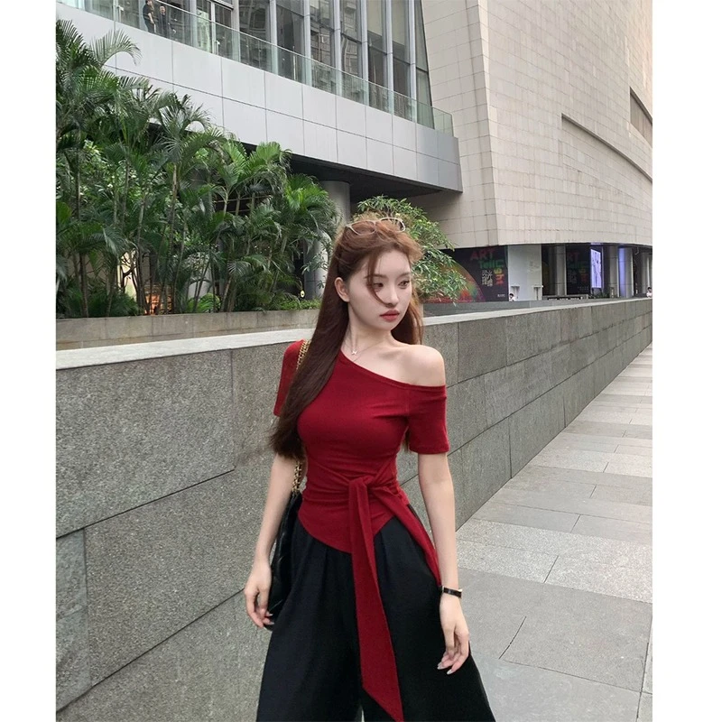 纯棉辣妹不规则绑带短袖t恤女夏季新款收腰显瘦性感高级上衣百搭