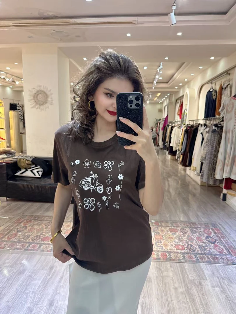 2025年自家设计胸围印花女款圆领女款高气质百搭上衣