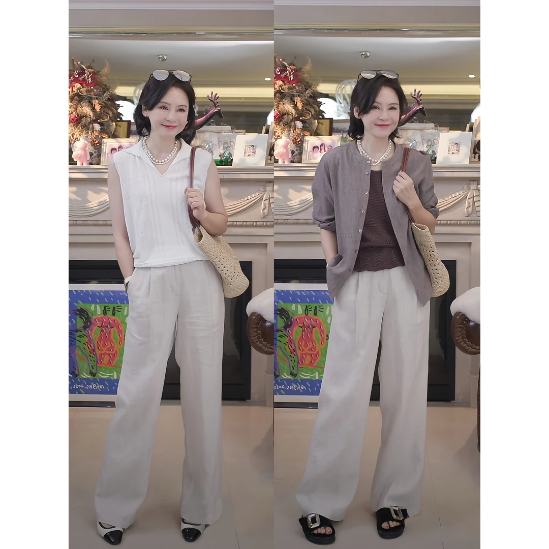 RuienCo.雨露麻裤子 法国进口亚麻后松紧腰夏休闲百搭阔腿裤