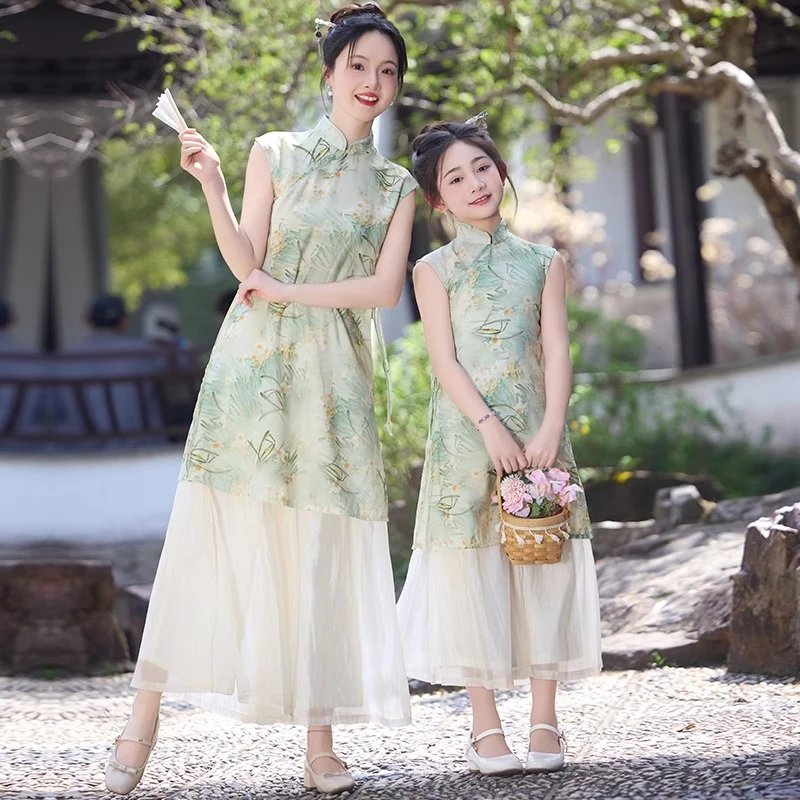 亲子旗袍连衣裙女童夏装汉服2025新款中国风母女裙裤襦裙表演套装