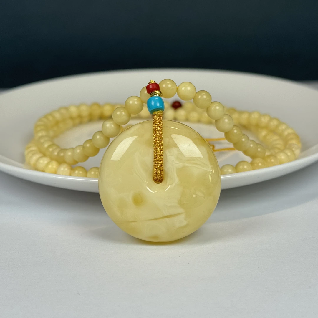 Y73-52天然原矿妖花纹平安扣35*16mm+5mm珠链