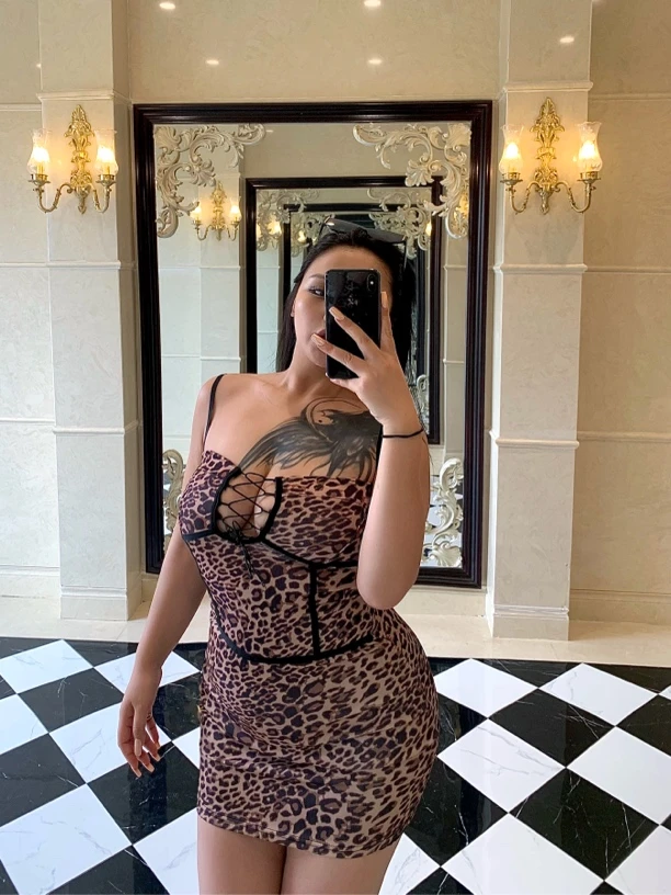BBWootd大码纯欲性感辣妹豹纹镂空系带吊带辣妹包臀裙连衣裙裙子