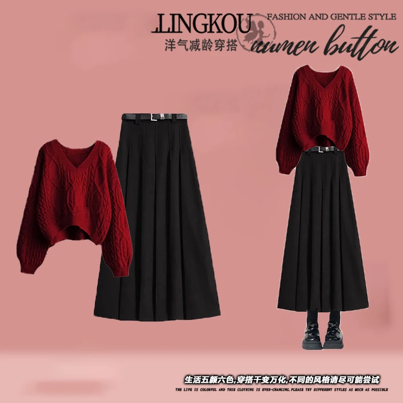 1622W081#秋季穿搭一整套女气质红色针织毛衣搭百褶半身裙两件套