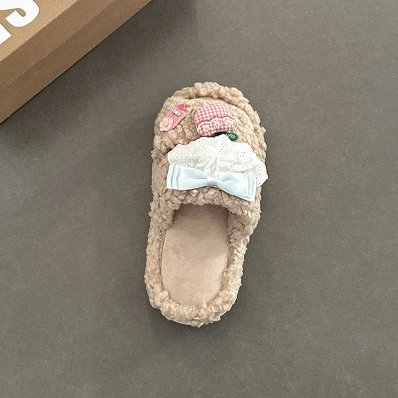 可爱软底蝴蝶结时尚百搭毛毛拖鞋女2025秋冬新款外穿平底棉拖鞋潮