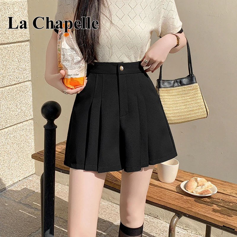 拉夏贝尔2025春新款时尚高腰显瘦百褶阔腿裤女休闲设计感西装短裤