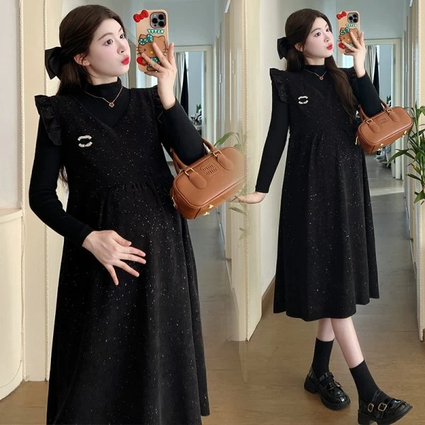 孕妇连衣裙春秋上衣小香风洋气气质新款孕妇宽松中长款显瘦连衣裙