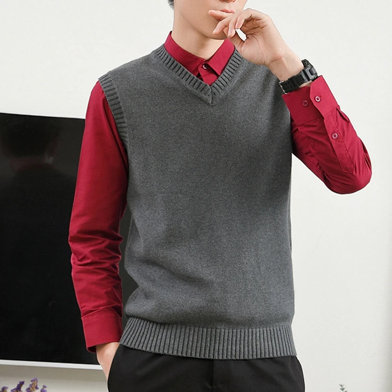 秋冬男士毛衣背心V领套头无袖针织衫坎肩休闲马夹修身毛线马甲男