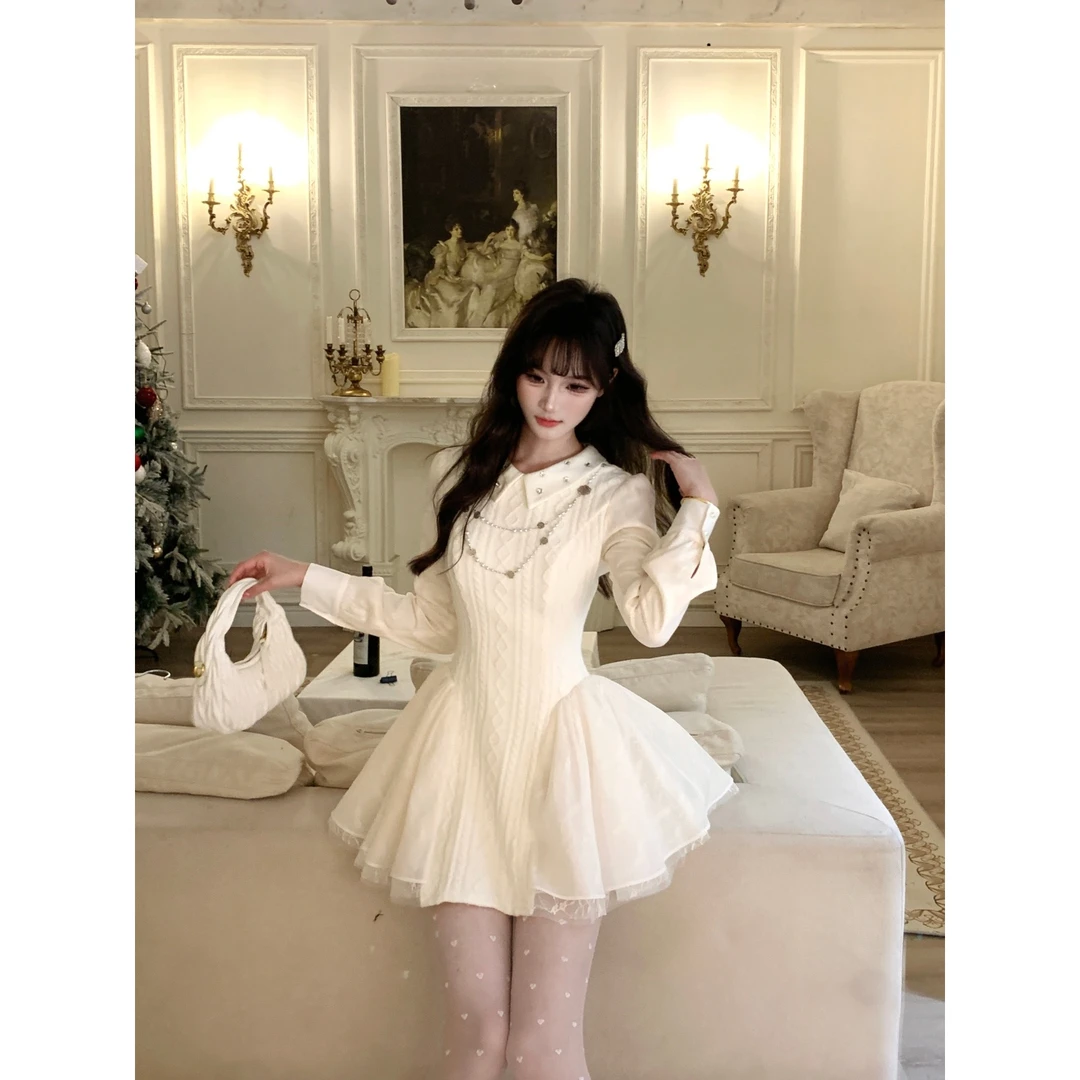 越韩小鱼 旧梦巴黎 法式千金风拼接网纱连衣裙镶钻领口蓬蓬裙套装