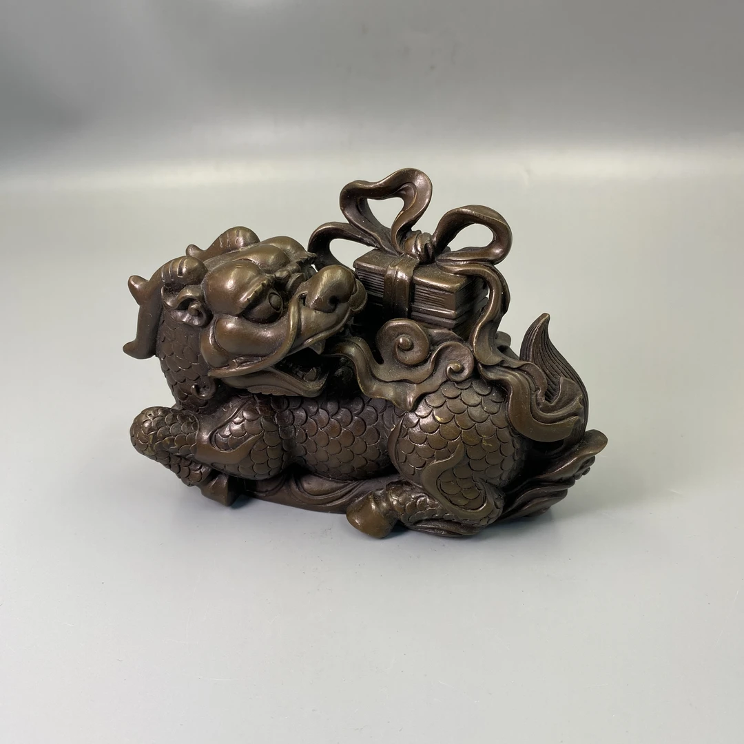 创汇时期铜质麒麟背书麟吐玉书纹摆件益合/2412-133