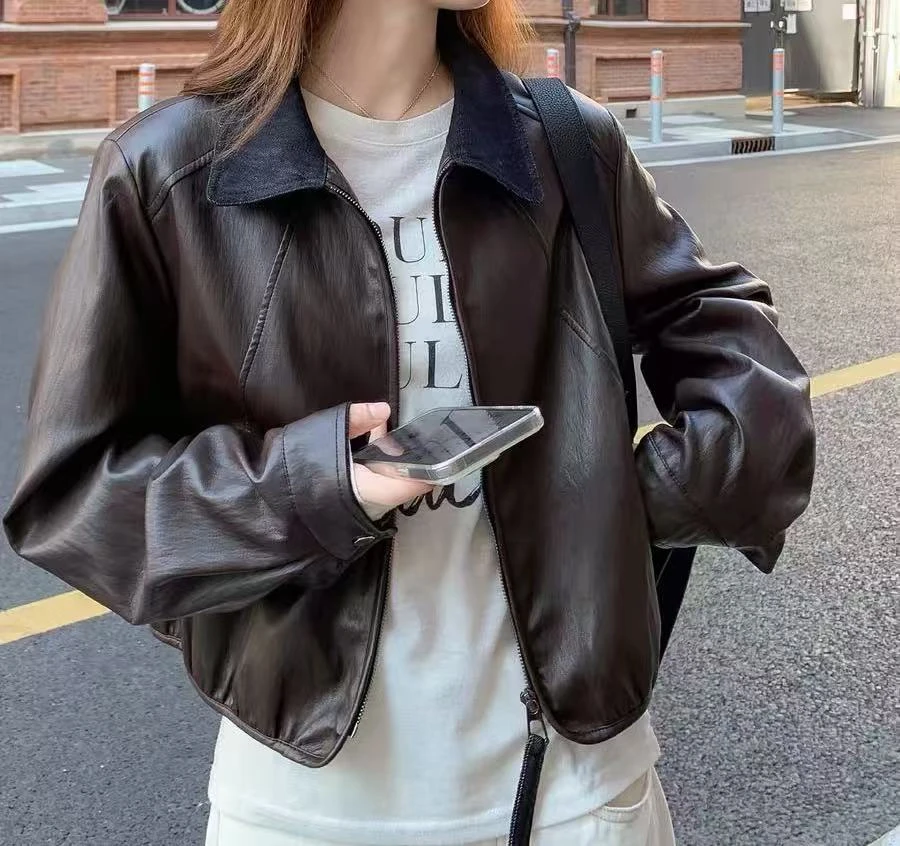 0721百搭时尚软壳加棉皮衣短外套（衣长49cm左右）