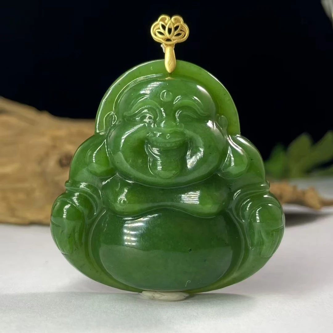 和田玉50大佛公吊坠天然保真老坑碧玉满绿大裸石笑佛挂件挂坠S925