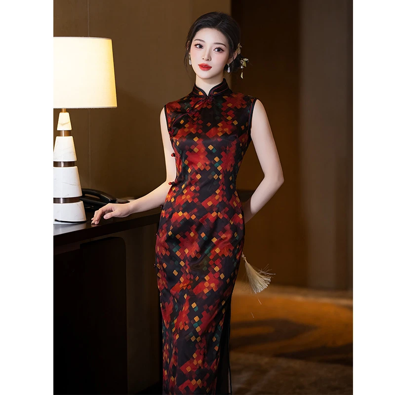 柿柿如意黑色无袖国风中式长款改良旗袍2025新款女复古民国老上海